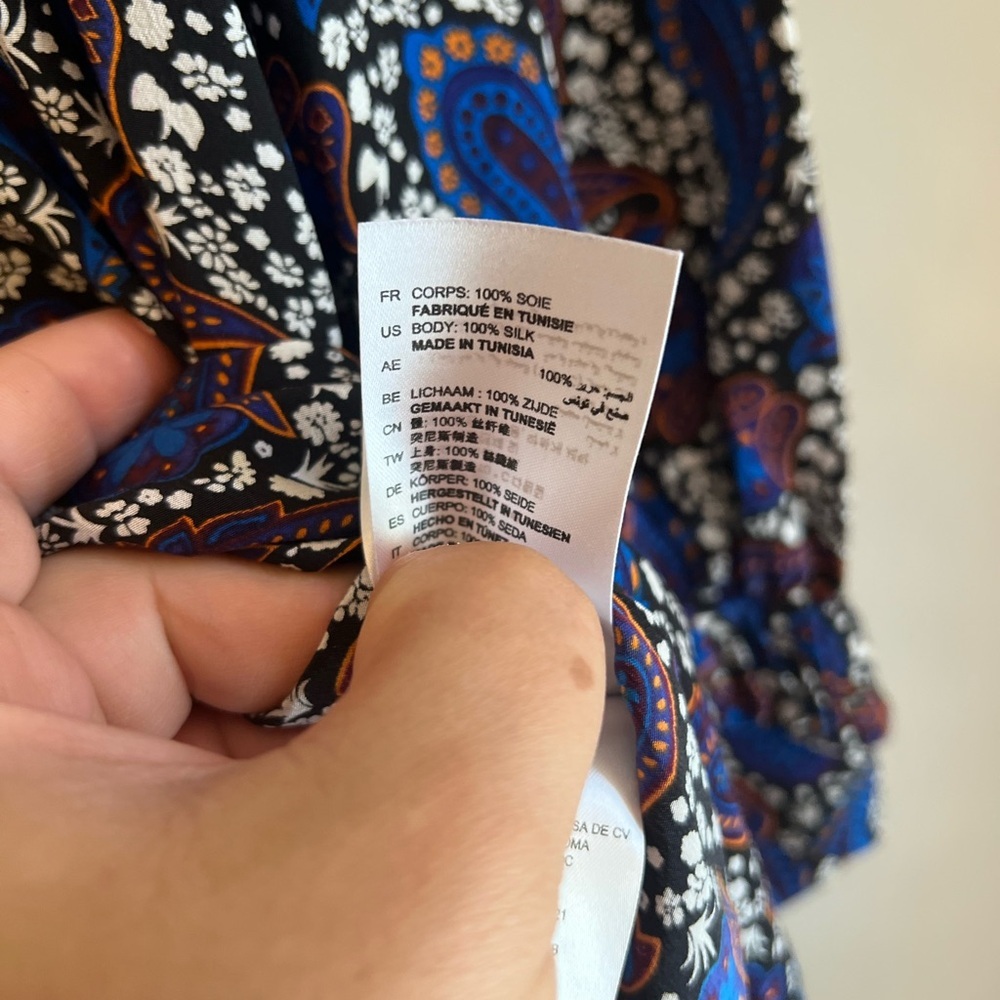 Sandro Paris Paisley Silk Shift Dress Mini Short Ruffle Blue Black Size 1 Small - Picture 7 of 7